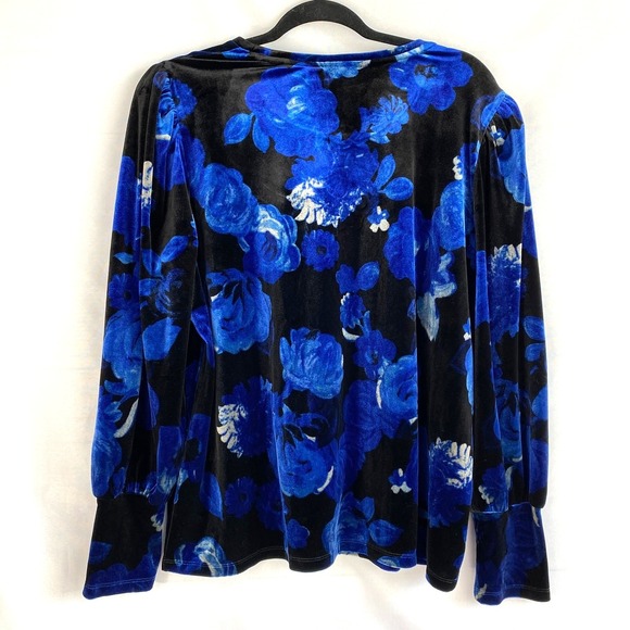 Chico's Boho Whimsigoth Dark Floral Velvet Top Women XL Dark Blue Puff Sleeve - Picture 2 of 9